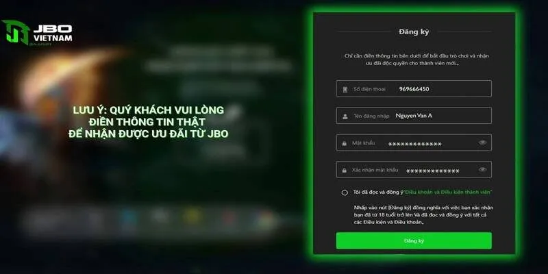 Điền thông tin khi đăng ký JBO